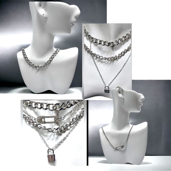 4 chains Layering Set l Rhinestone l Safety Pin l Lock l Newβl 16 Great Looks - Picture 10 of 16